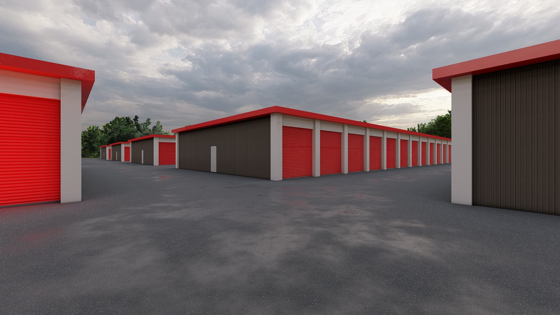 Pack-It-Up Self Storage facility with red drive-up unit doors